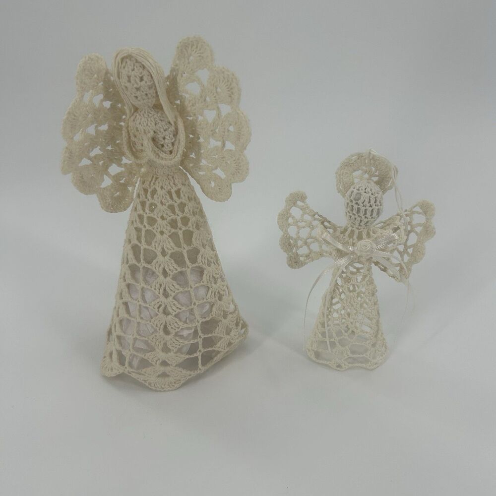 Crochet Angel Tree Topper And Ornament, White Vintage Lot of 2 Fast Shipping